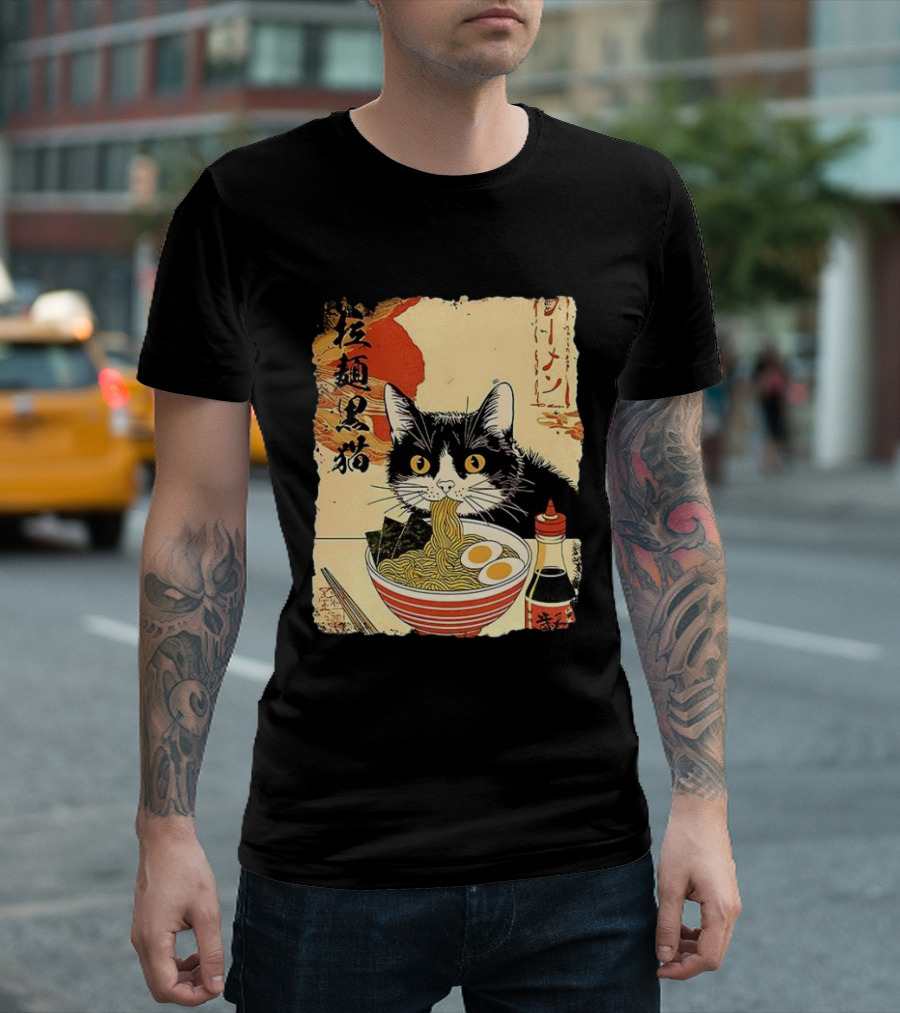 Japanese Black Cat Ramen Ukiyo E Retro Style With Kanji T-Shirt