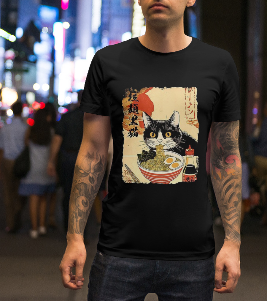 Japanese Black Cat Ramen Ukiyo E Retro Style With Kanji T-Shirt