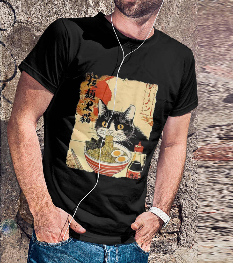 Japanese Black Cat Ramen Ukiyo E Retro Style With Kanji T-Shirt
