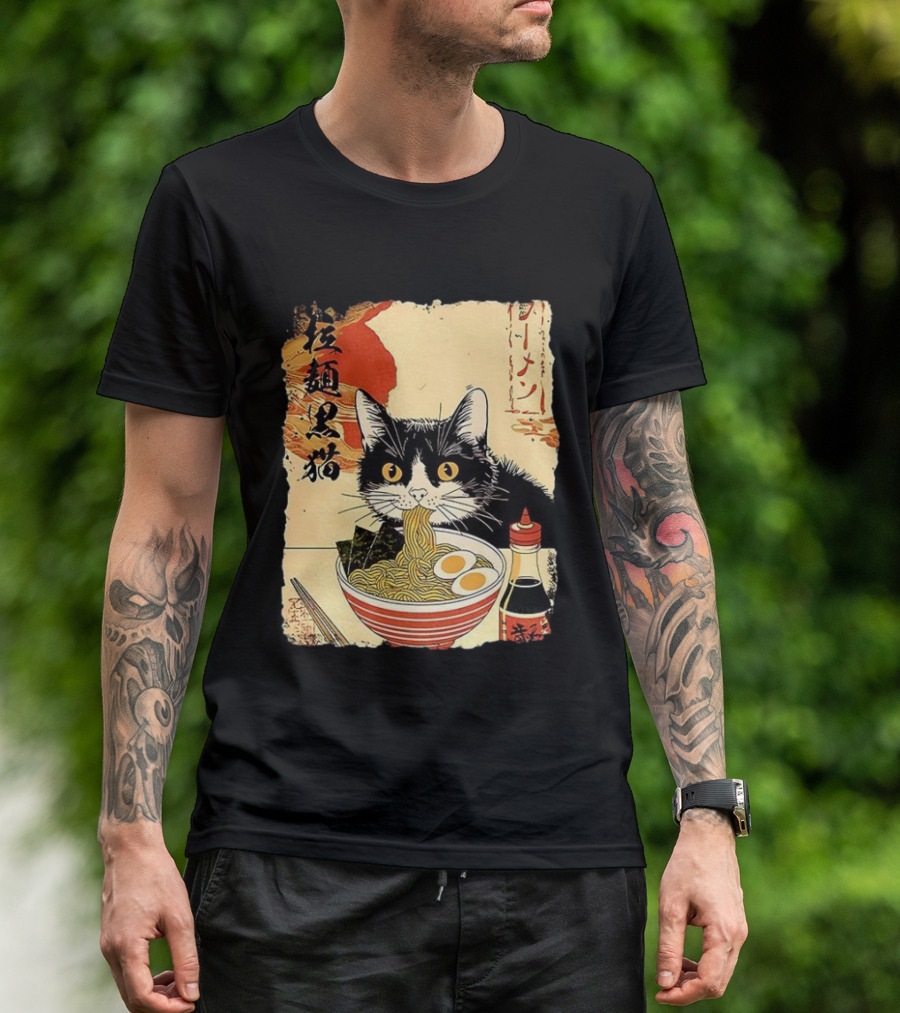 Japanese Black Cat Ramen Ukiyo E Retro Style With Kanji T-Shirt