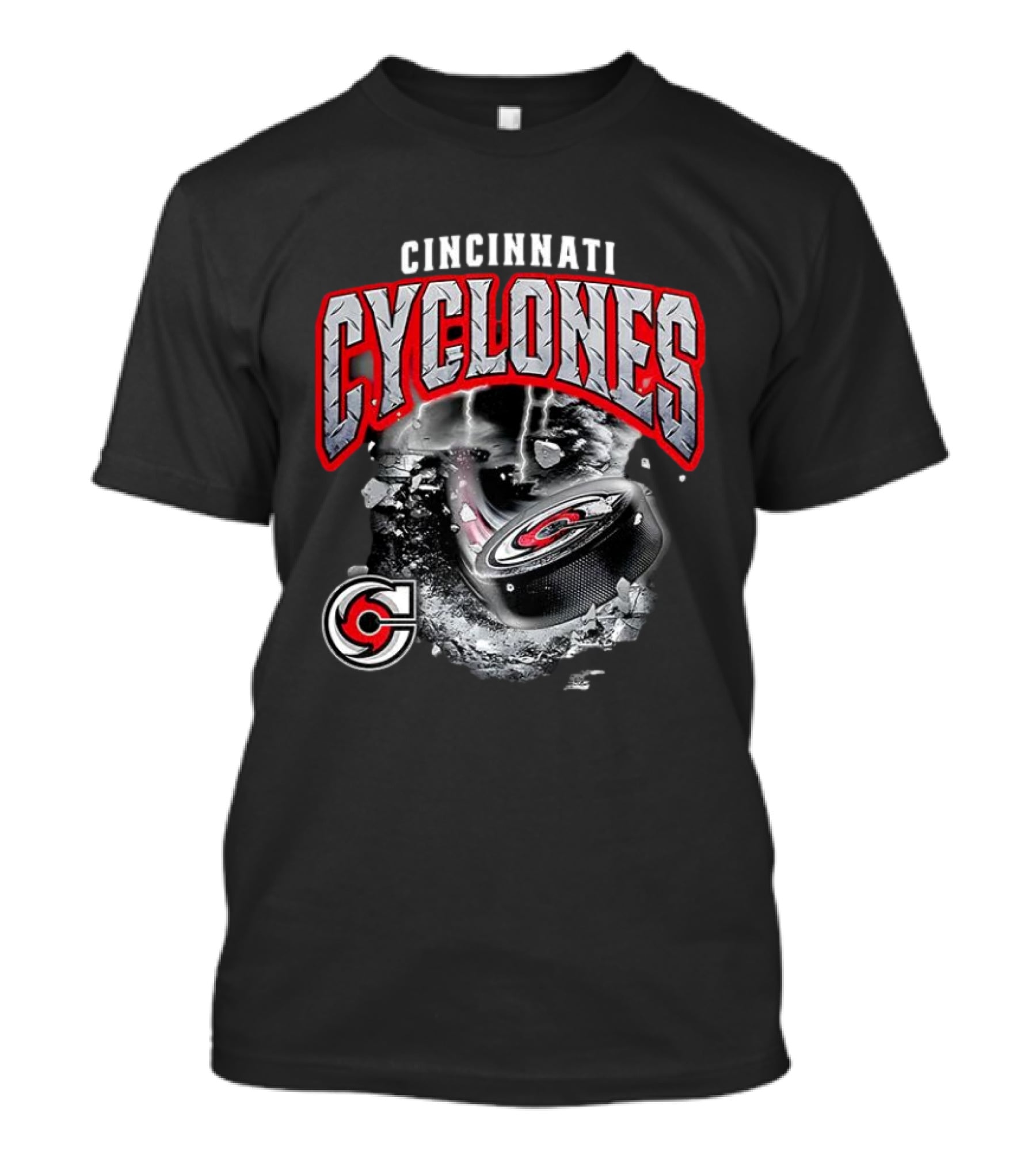 Cincinnati Cyclones Ice Hockey Storm Warning Puck Shattering Ice T-Shirt
