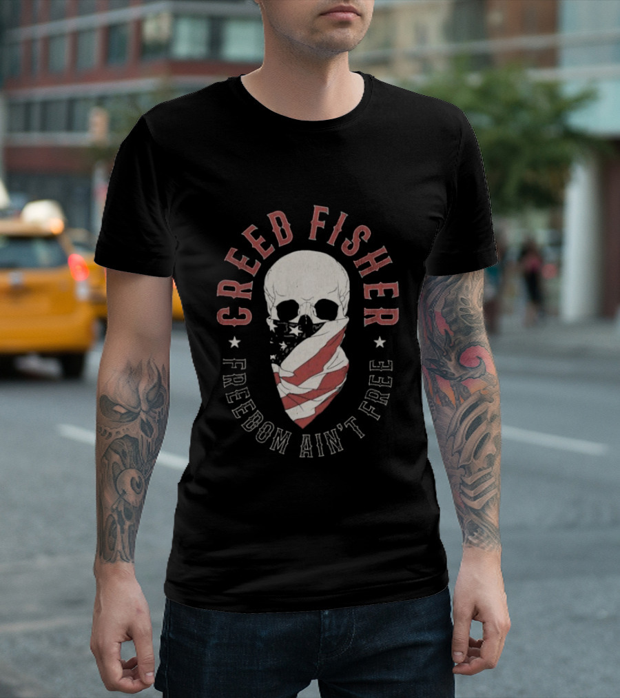 Creed Fisher Freedom Ain't Free Skull American Flag Bandana T-Shirt