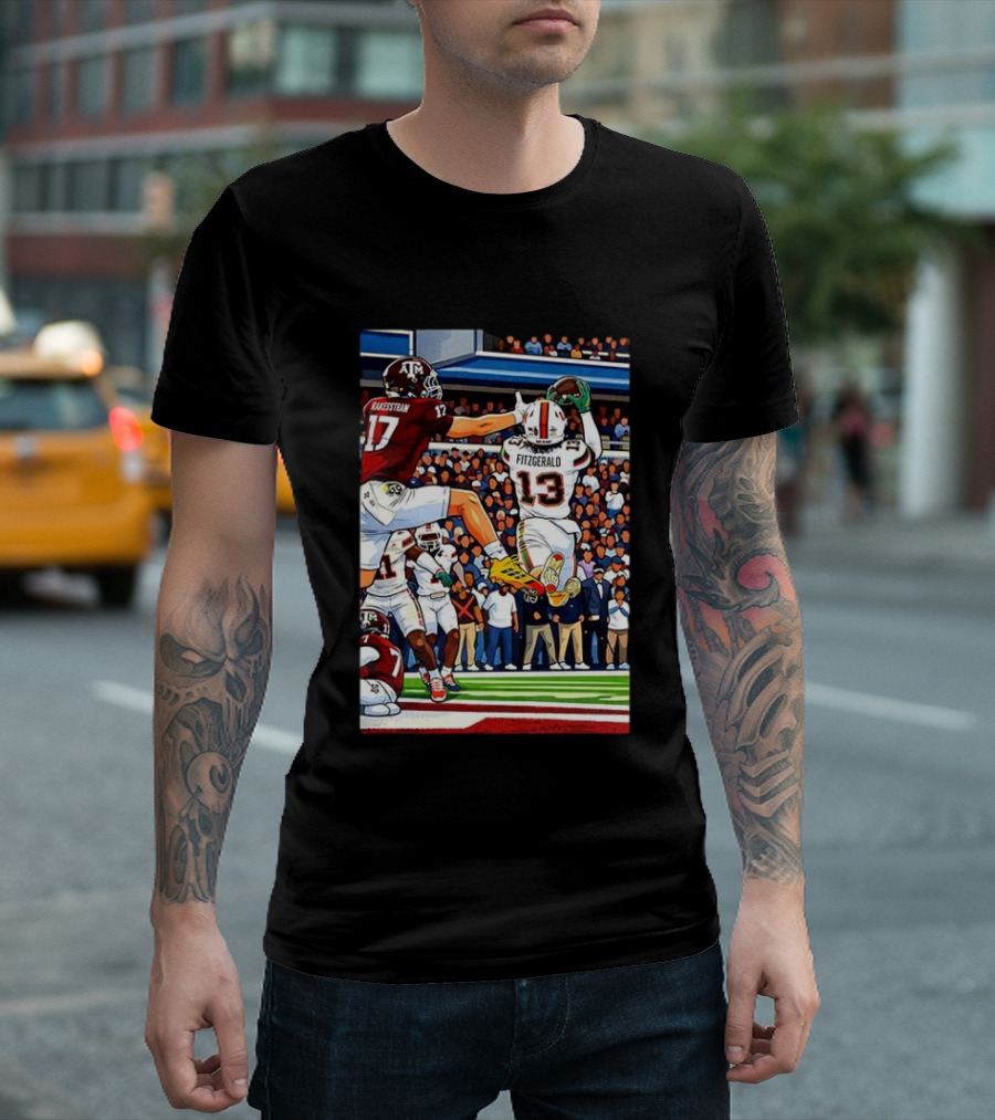 Miami Hurricanes Rakestraw 17 Vs Texas A&M Aggies Fitzgerald 13 NCAA CFP 2025 Match Football Action T-Shirt