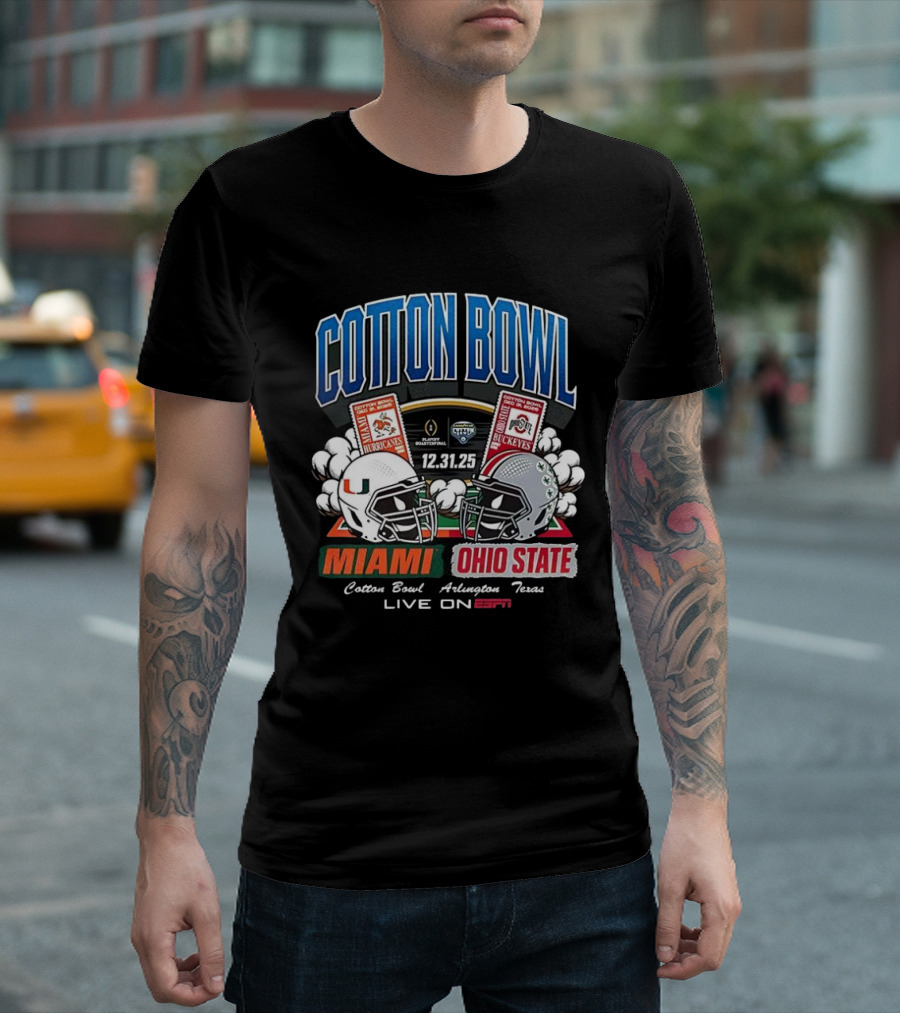 Miami Hurricanes Vs Ohio State Buckeyes Cotton Bowl 2025 CFP Arlington Texas ESPN Live T-Shirt