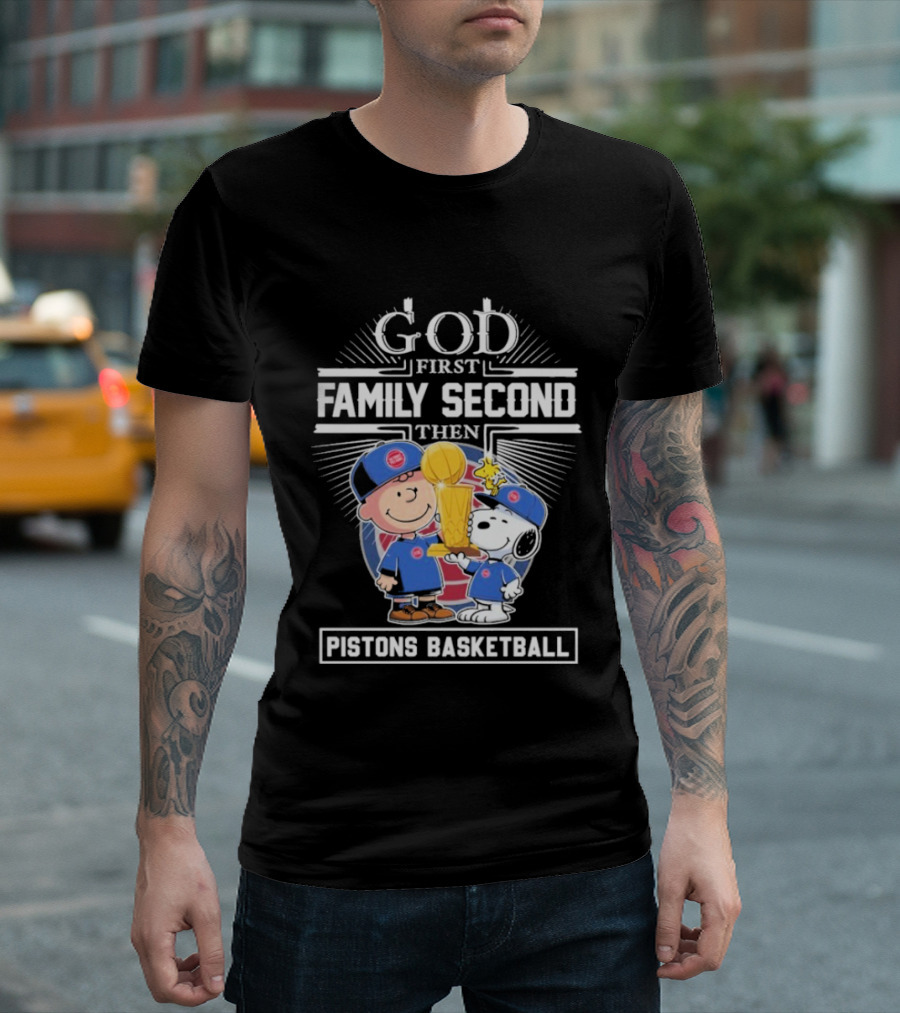 God First Family Second Then Pistons Basketball Snoopy Charlie Brown Trophy T-Shirt