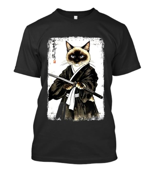 Siamese Cat Samurai Warrior Japanese Vantage Painting Kanji T-Shirt