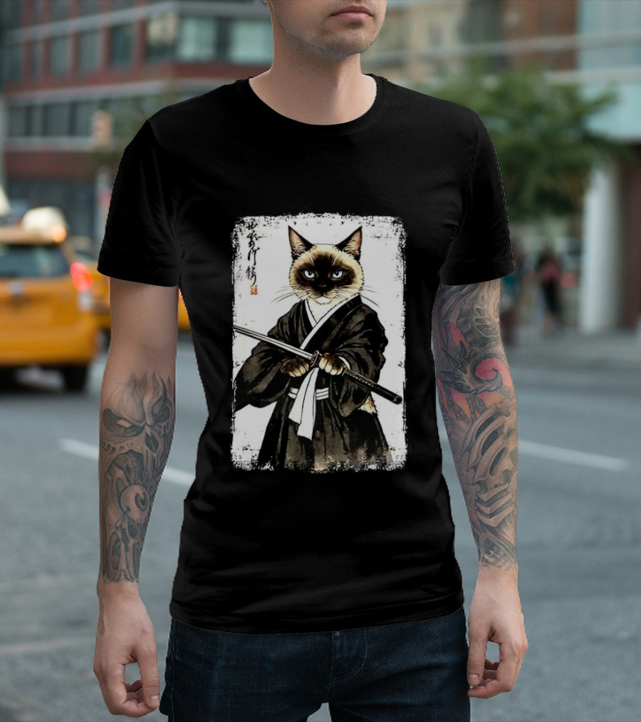 Siamese Cat Samurai Warrior Japanese Vantage Painting Kanji T-Shirt