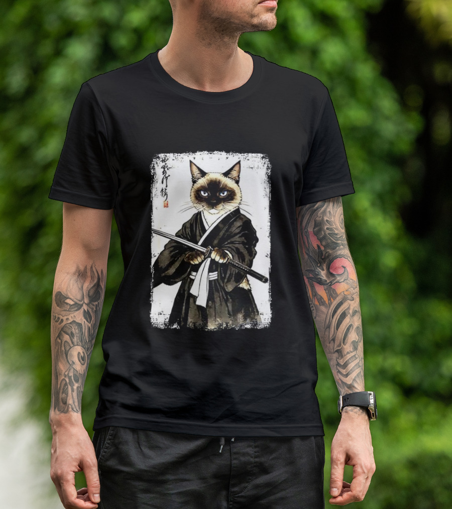 Siamese Cat Samurai Warrior Japanese Vantage Painting Kanji T-Shirt