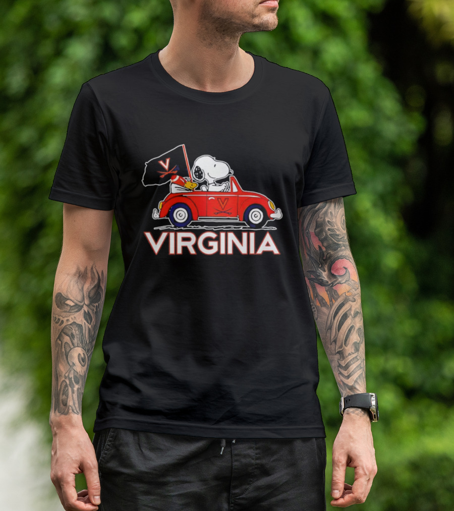 Virginia Tech Snoopy Woodstock Driving Red Car With Flag T-Shirt
