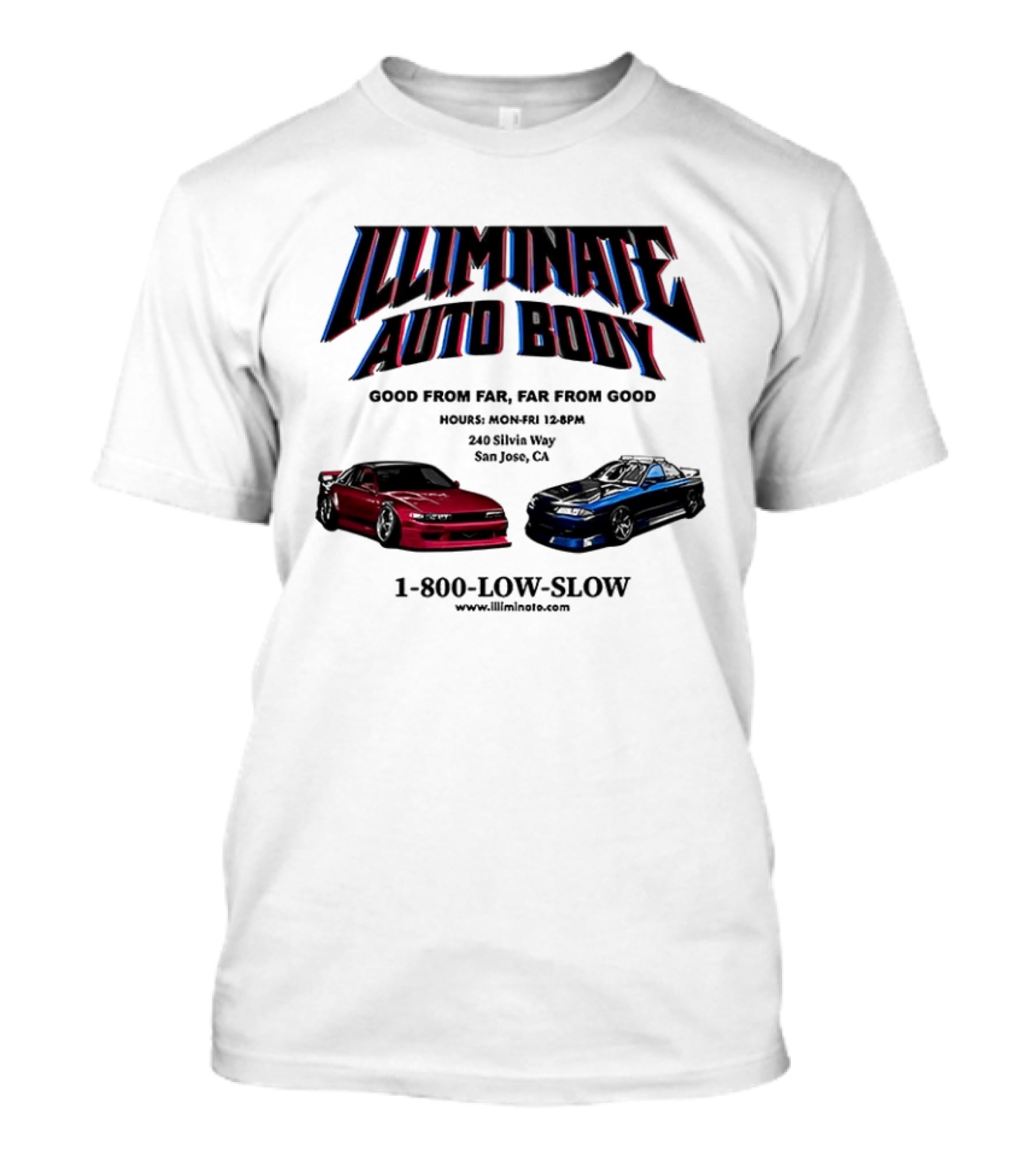 Illiminate Auto Body Good From Far Far From Good Retro Red Blue Car T-Shirt