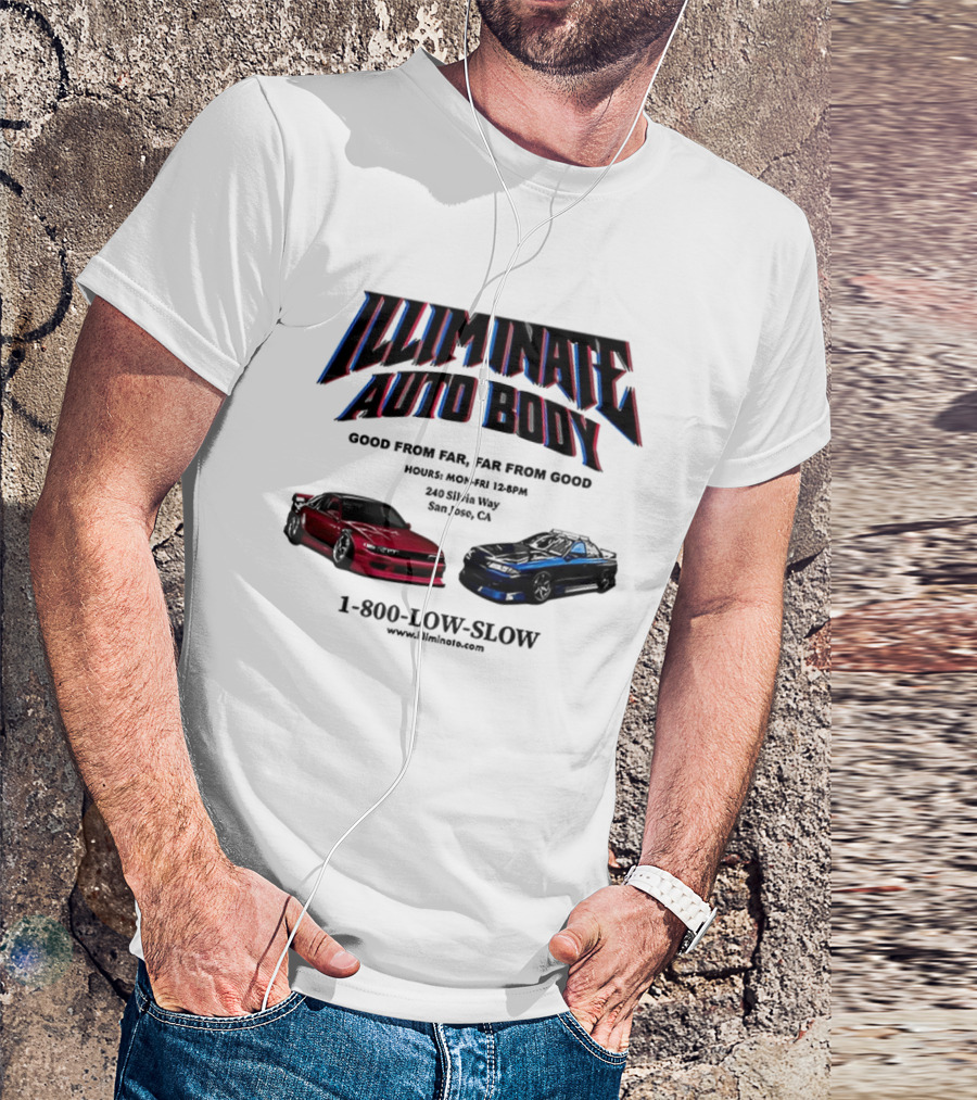 Illiminate Auto Body Good From Far Far From Good Retro Red Blue Car T-Shirt