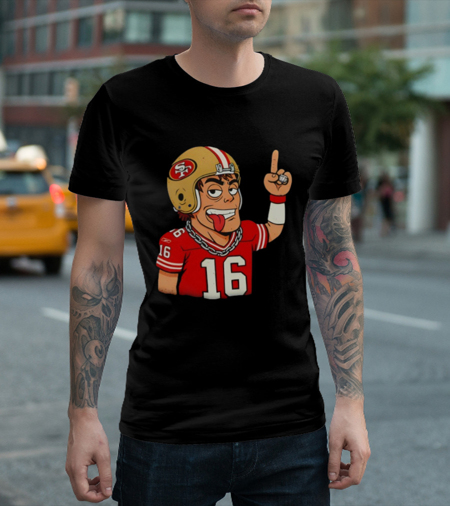 Legendary Quarterback Joe Montana #16 San Francisco 49ers Cartoon Helmet Tongue Out T-Shirt