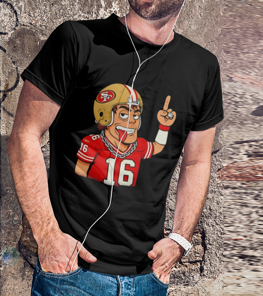 Legendary Quarterback Joe Montana #16 San Francisco 49ers Cartoon Helmet Tongue Out T-Shirt