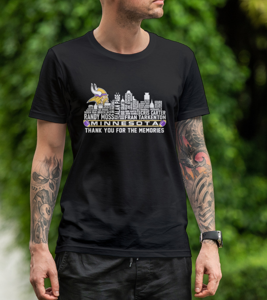 Minnesota Vikings City Skyline Thank You For The Memories With Tarkenton Fran Tarkenton T-Shirt