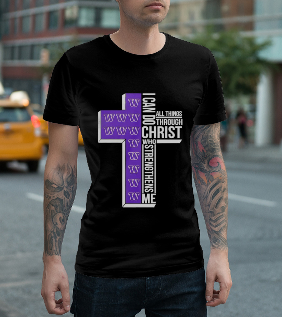 Washington Huskies Cross I Can Do All Things Through Christ Who Strengthens Me T-Shirt