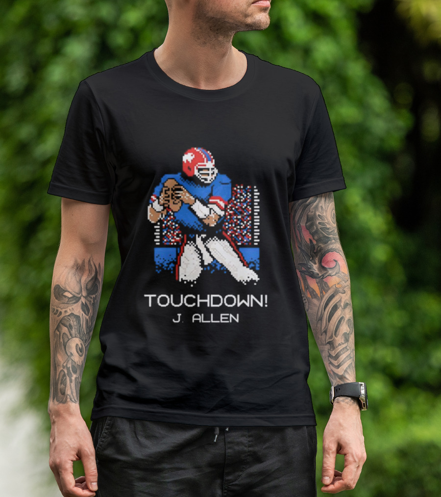 TOUCHDOWN J ALLEN Retro Football Quarterback Blue Red Helmet T-Shirt
