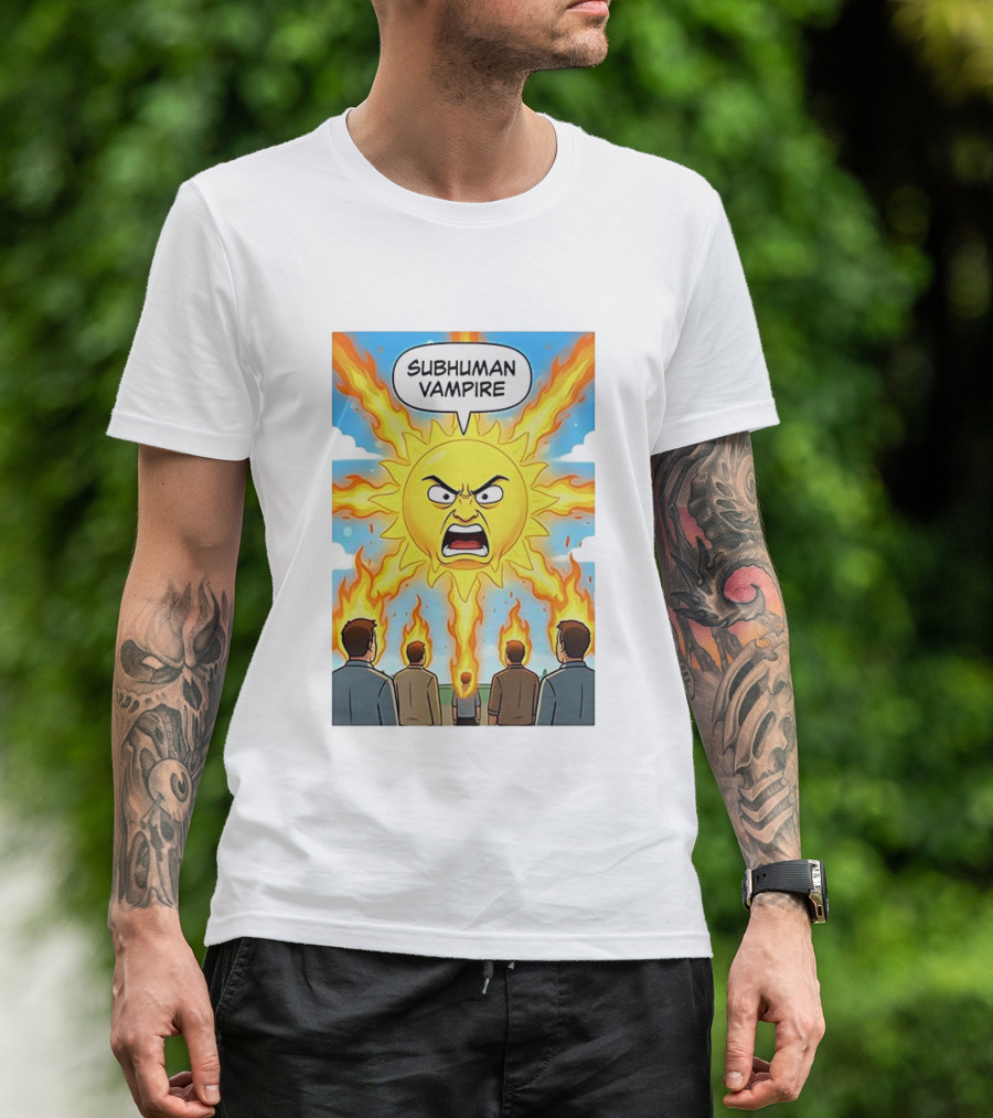Subhuman Vampire Angry Sun Cartoon With Flames T-Shirt