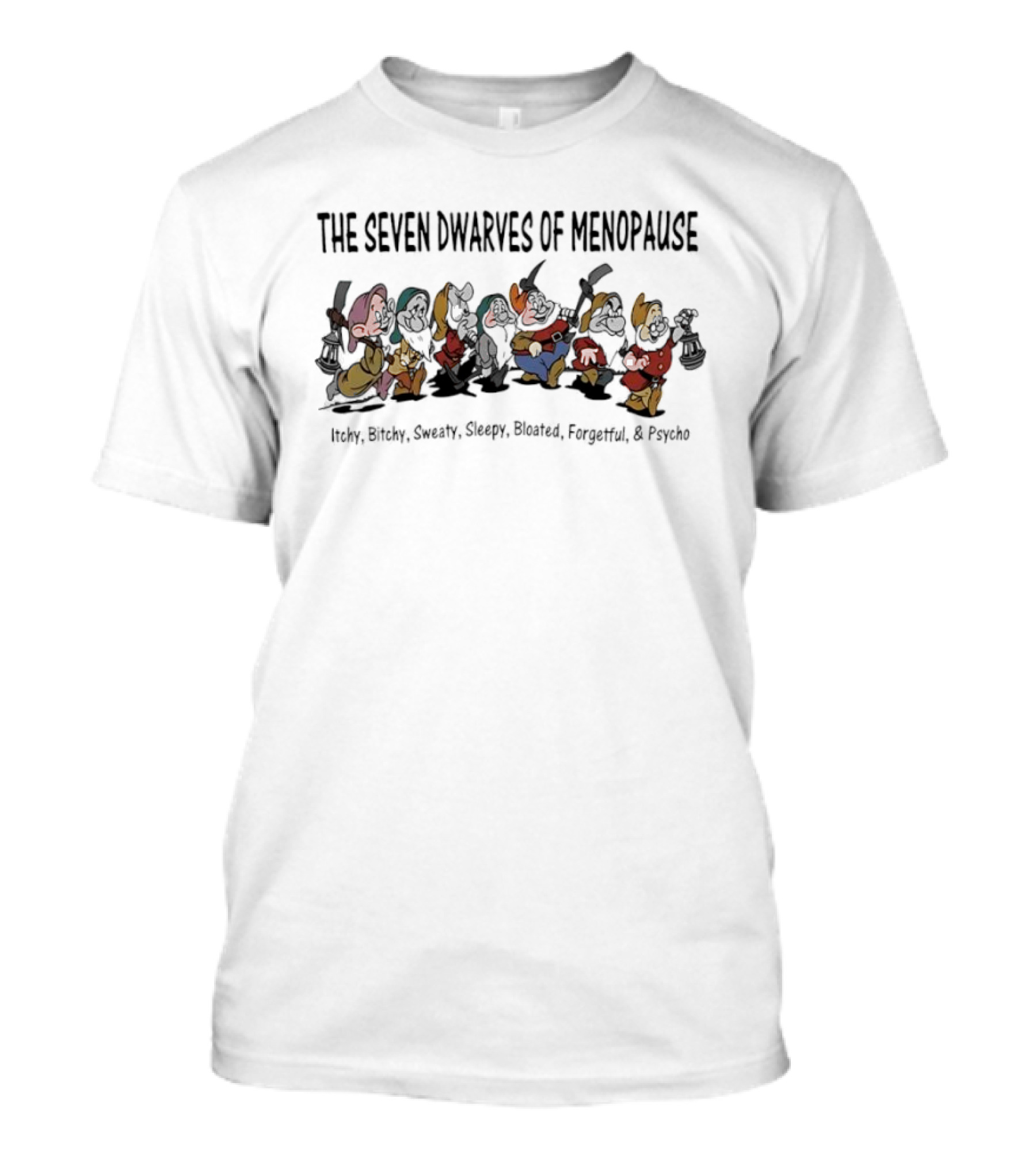 The Seven Dwarves Of Menopause Itchy Bitchy Sweaty Sleepy Bloated Forgetful Psycho Snow White T-Shirt