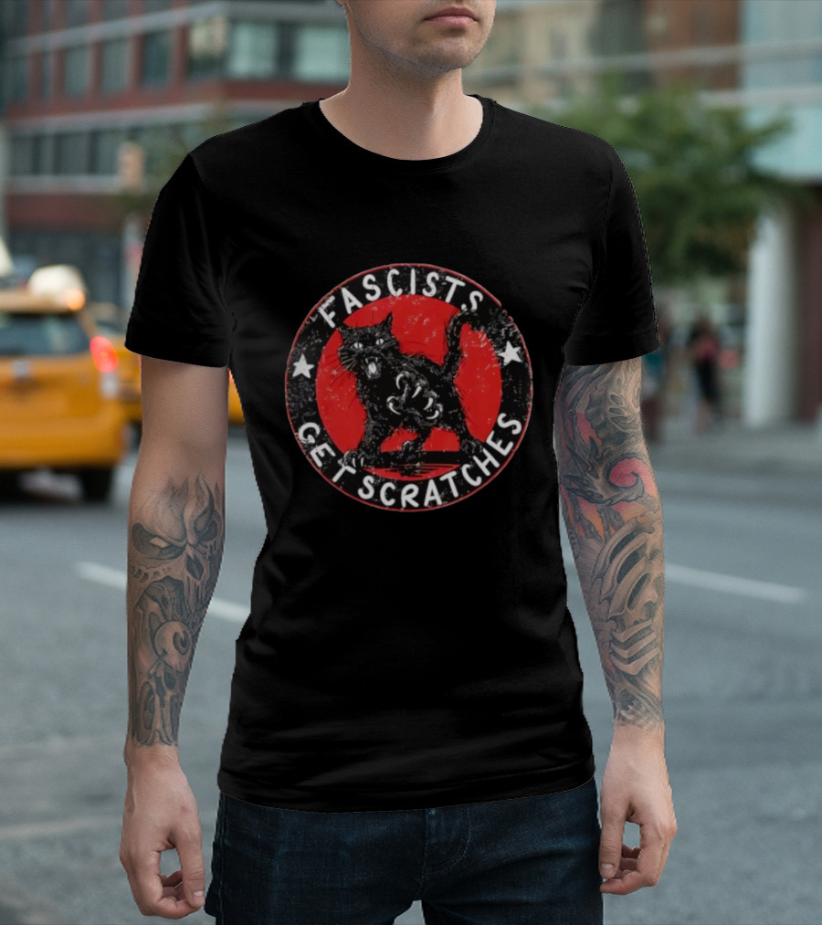 Black Cat Fascists Get Scratches Round Emblem With Stars T-Shirt