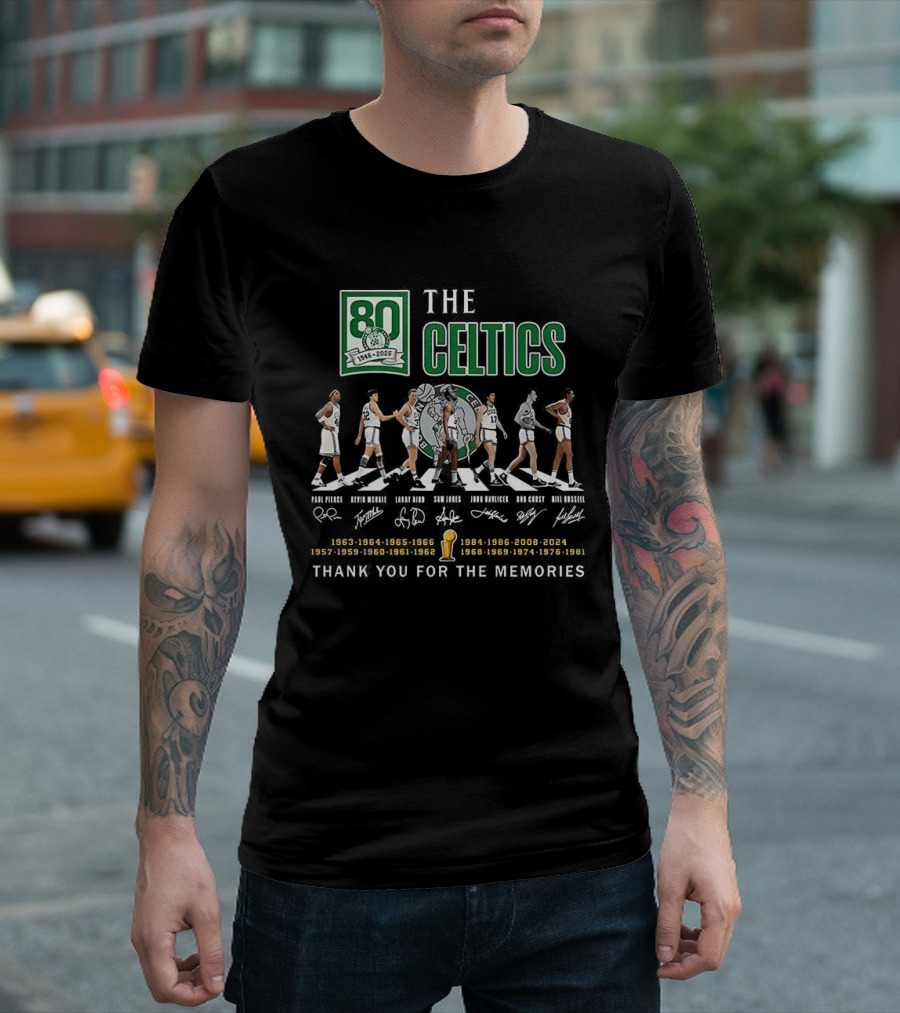 Boston Celtics 80th Anniversary Legendary Players Coaches Signatures Commemorative 1950s 1960s 1970s 1980s T-Shirt