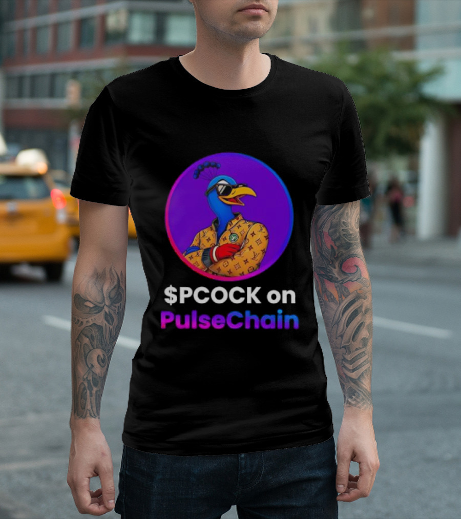 $PCOCK On PulseChain Peacock With Sunglasses And Patterned Outfit T-Shirt