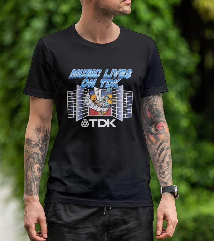 Music Lives On TDK Vintage 80s Cassette Tapes Retro Musical Instruments T-Shirt