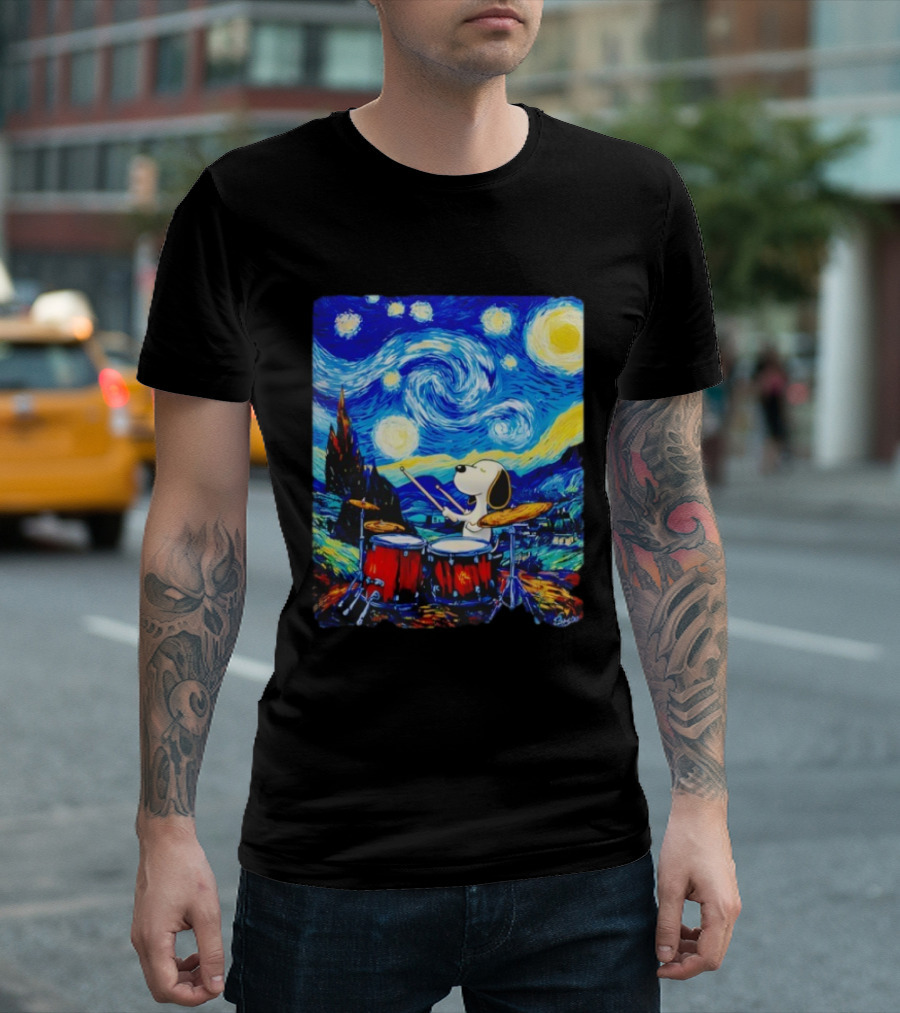 Snoopy Playing Drums Starry Night Van Gogh T-Shirt