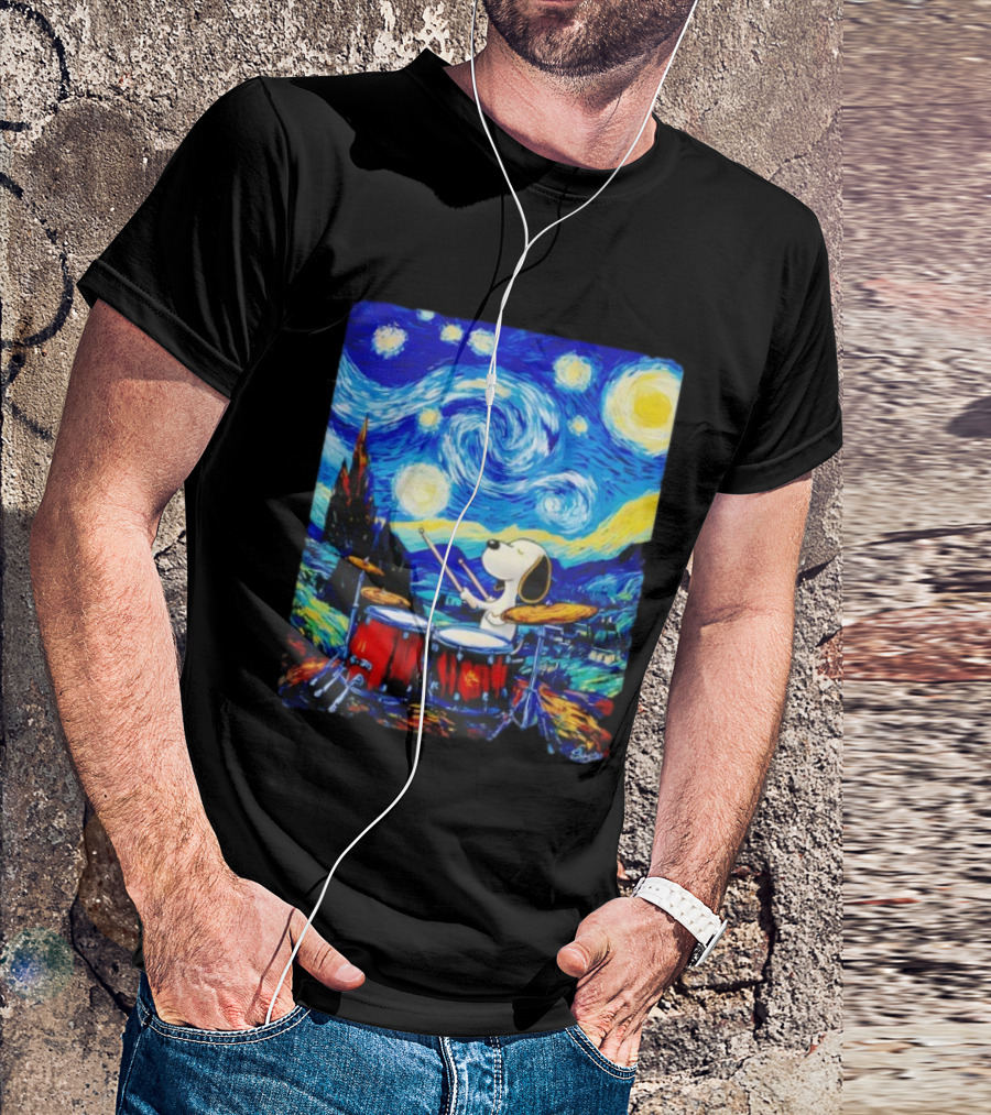Snoopy Playing Drums Starry Night Van Gogh T-Shirt