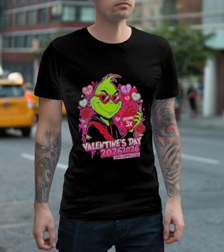 The Grinch Valentine's Day 2026 Anti Cupid Club Growing 3X Heart Funny Sarcastic Candy Hearts T-Shirt