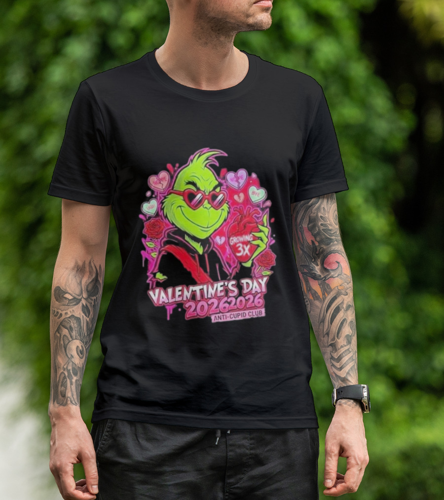 The Grinch Valentine's Day 2026 Anti Cupid Club Growing 3X Heart Funny Sarcastic Candy Hearts T-Shirt