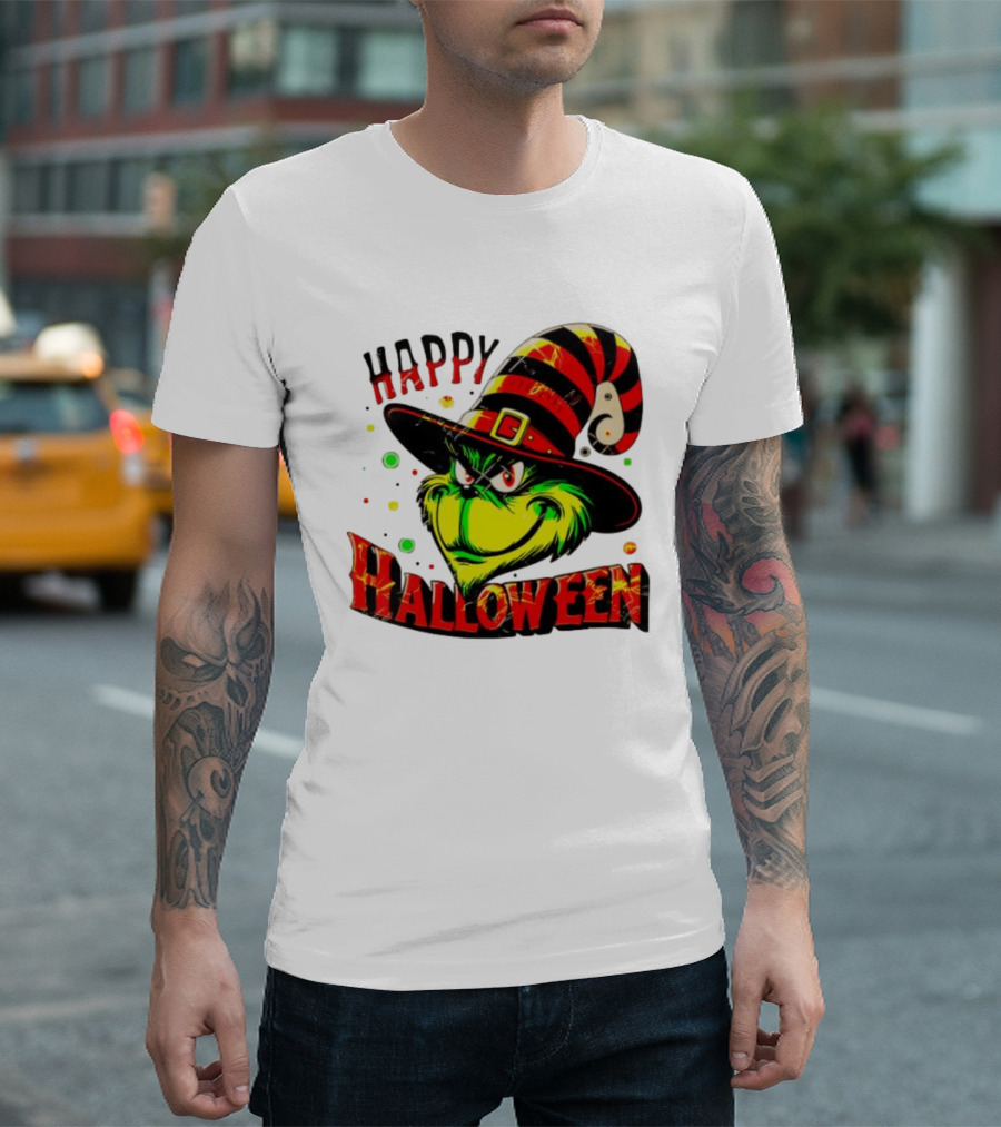 Happy Halloween Grinch Witch Hat Striped Festive T-Shirt