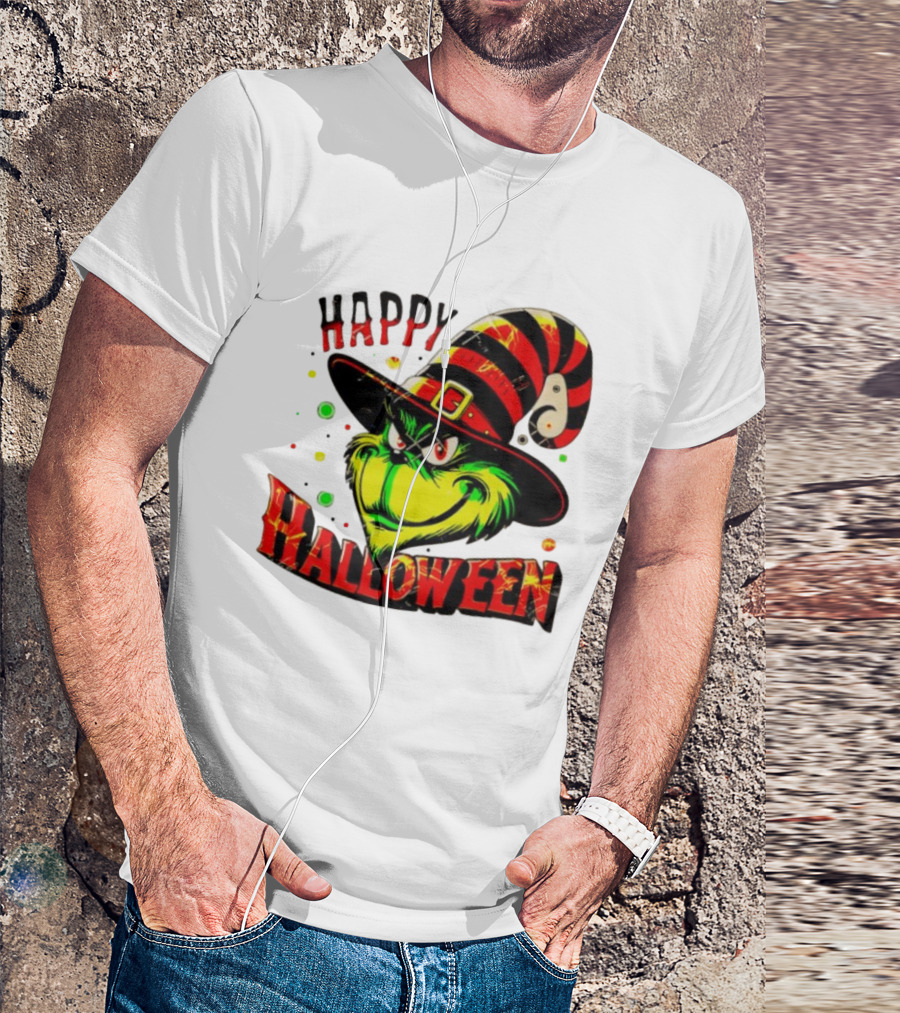Happy Halloween Grinch Witch Hat Striped Festive T-Shirt