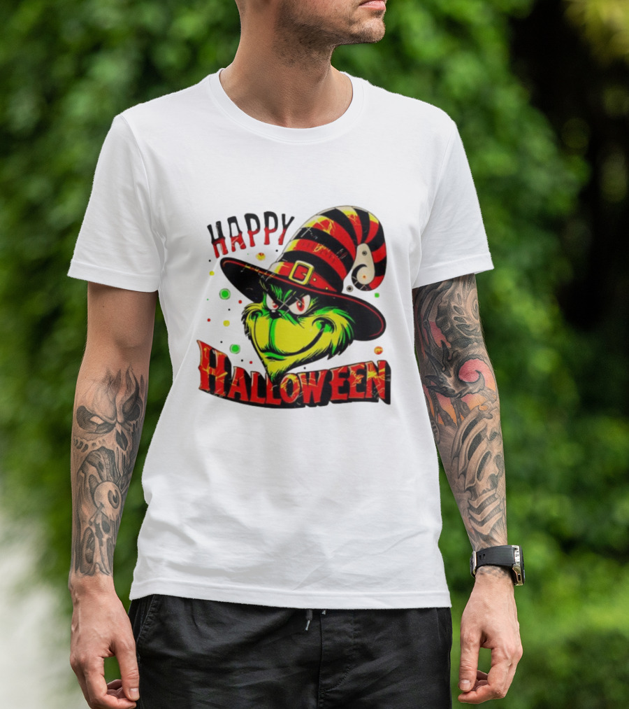 Happy Halloween Grinch Witch Hat Striped Festive T-Shirt
