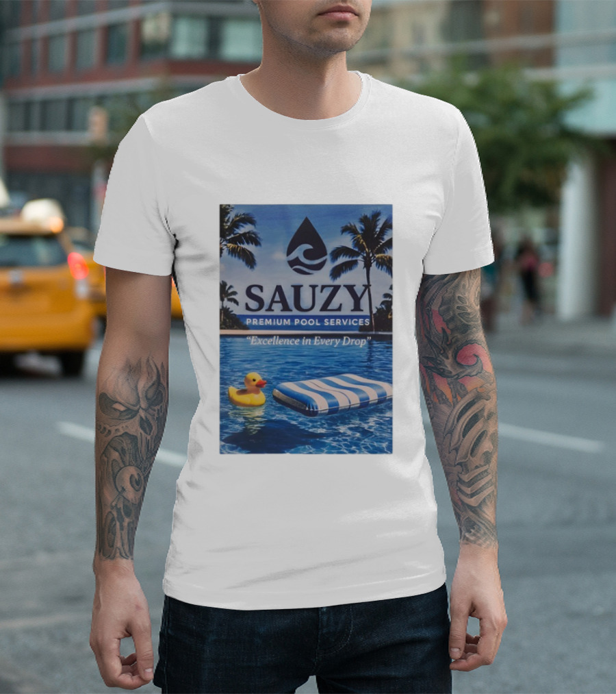 Sauzy Premium Pool Services Excellence In Every Drop Floating Fun With Duck And Lounger Palm Oasis T-Shirt