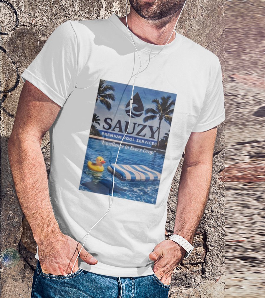 Sauzy Premium Pool Services Excellence In Every Drop Floating Fun With Duck And Lounger Palm Oasis T-Shirt