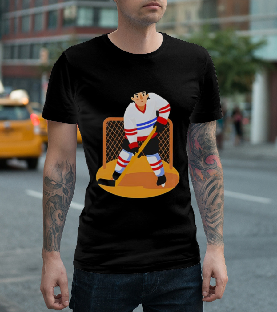 Ice Hockey Goalie In Action With Stick And Net Background T-Shirt