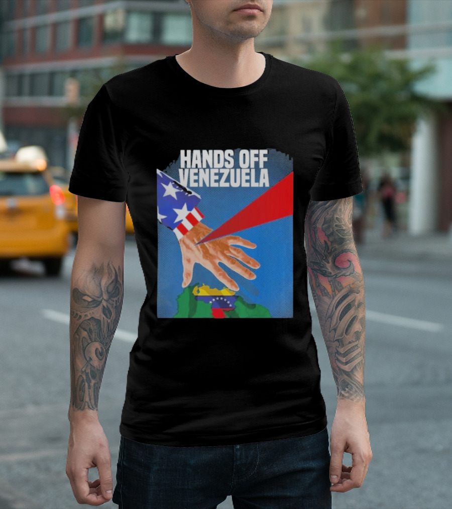 Hands Off Venezuela U.S. Imperialism Critique Featuring Venezuelan Flag And Map T-Shirt