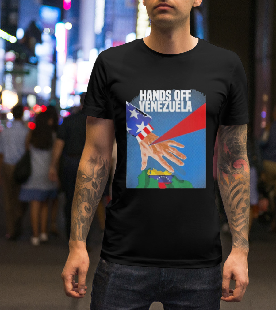 Hands Off Venezuela U.S. Imperialism Critique Featuring Venezuelan Flag And Map T-Shirt