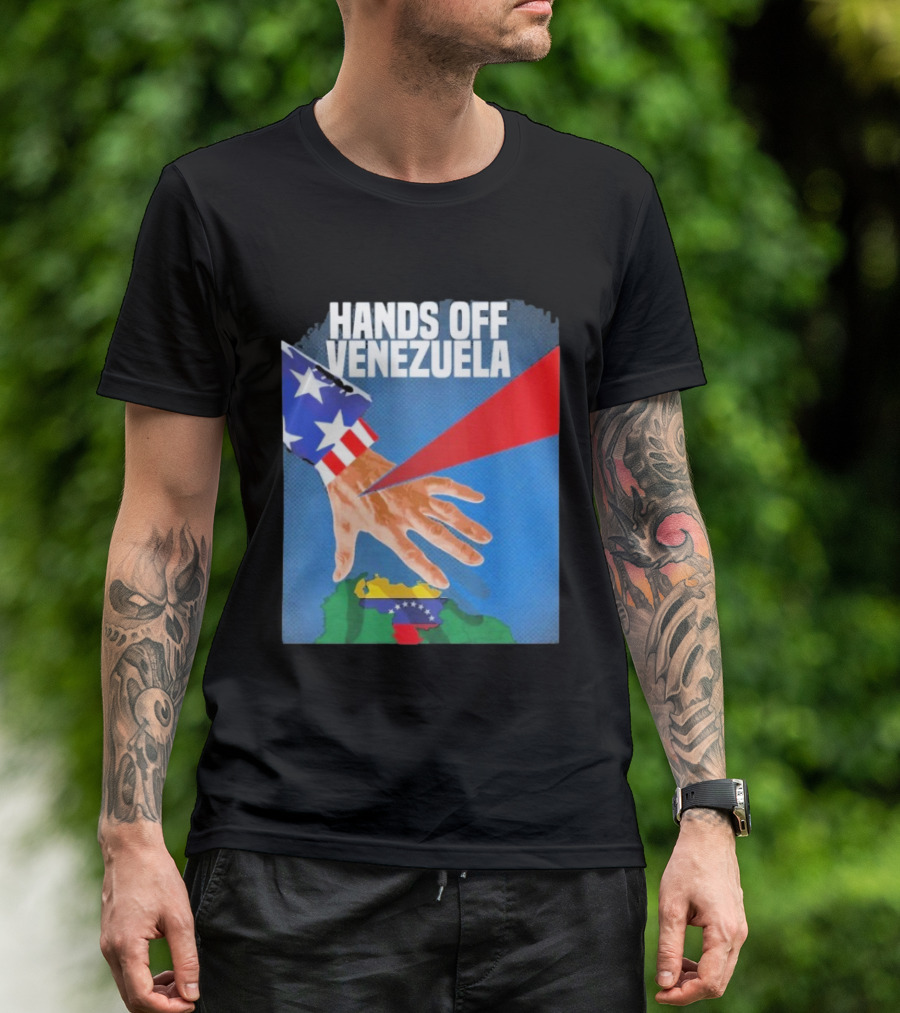 Hands Off Venezuela U.S. Imperialism Critique Featuring Venezuelan Flag And Map T-Shirt