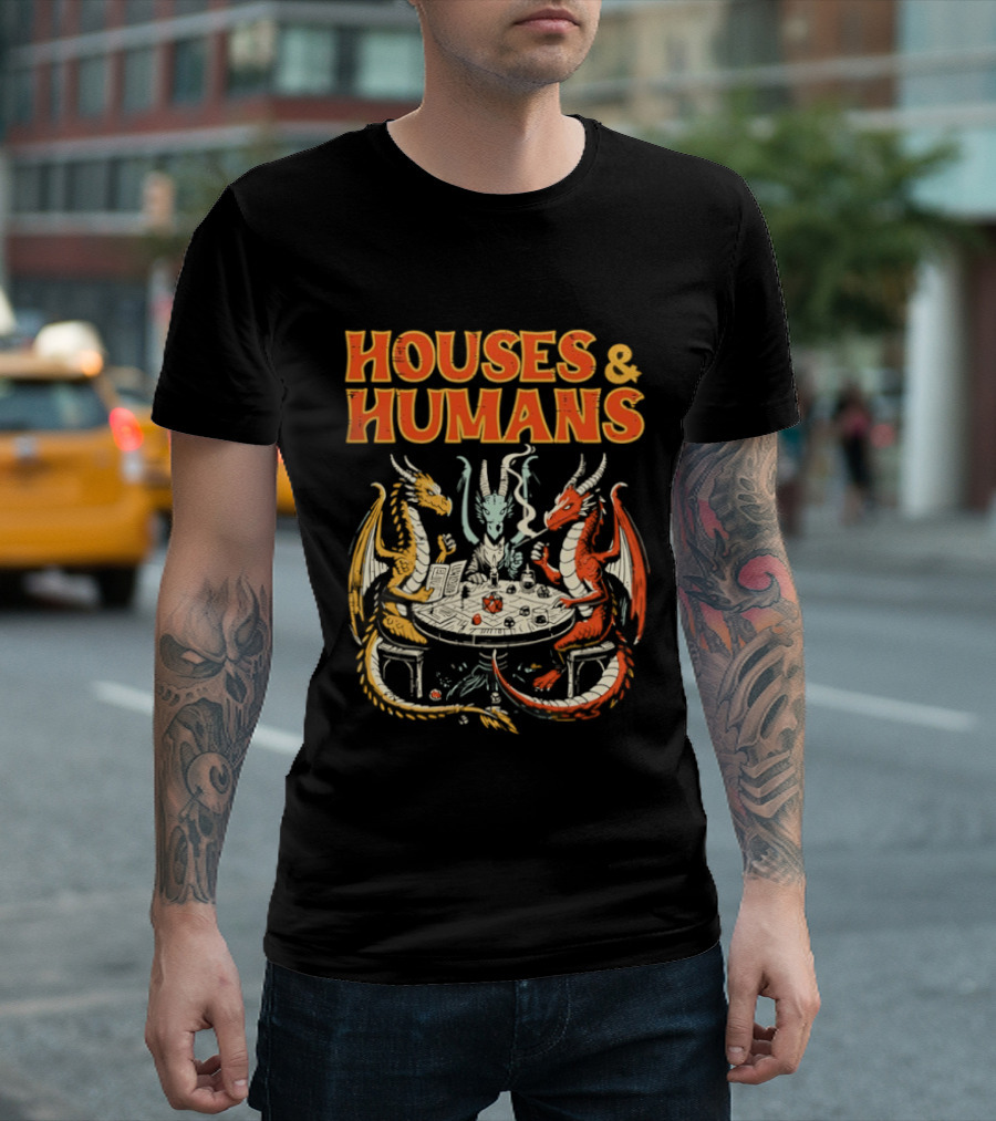 Houses And Humans Fantasy Game Dragons Around Table T-Shirt