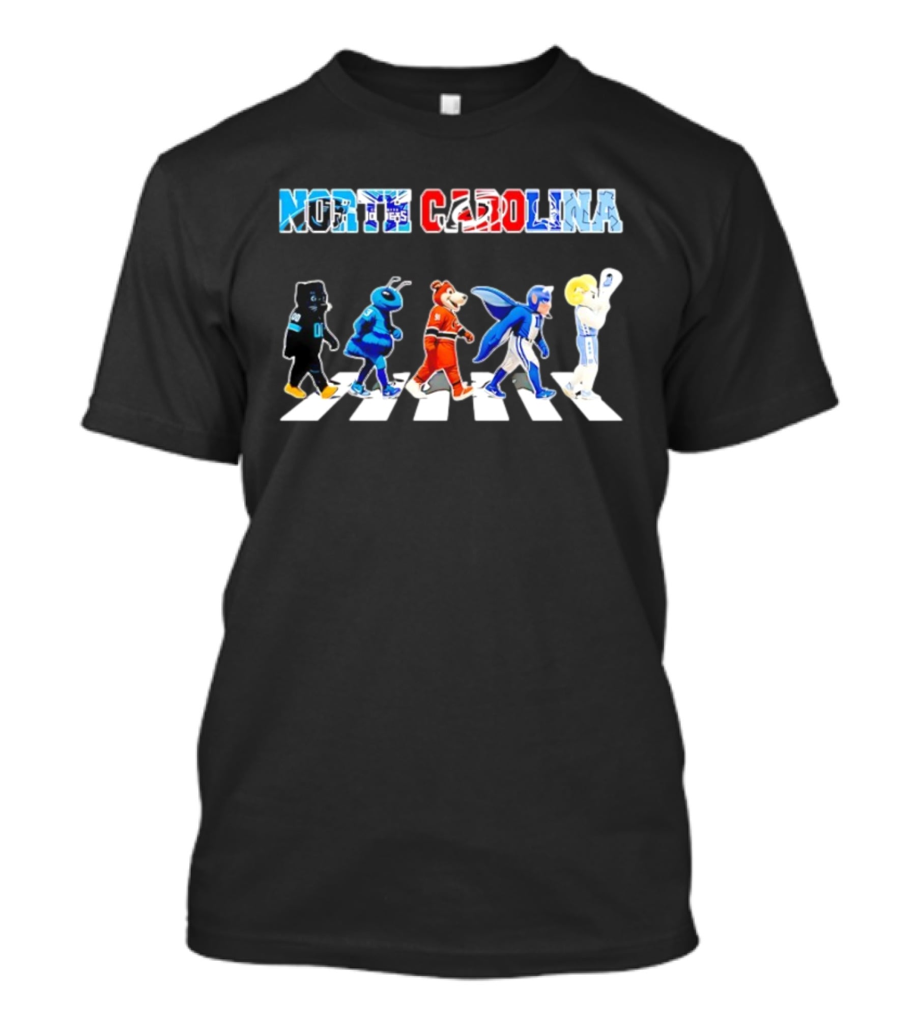 North Carolina Sports Mascots Panthers Hornets Hurricanes Duke Blue Heels Walking Across T-Shirt