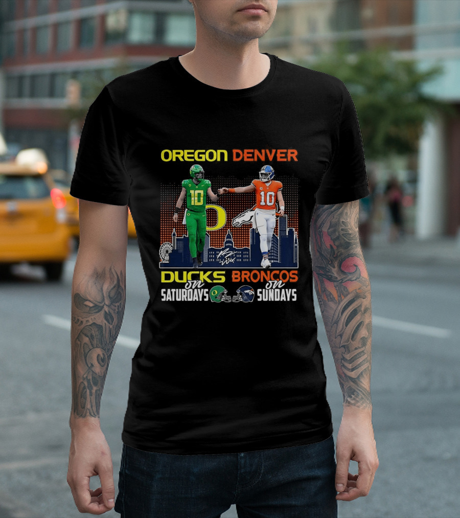 Oregon Ducks Saturdays Denver Broncos Sundays Bo Nix Signature Skyline T-Shirt