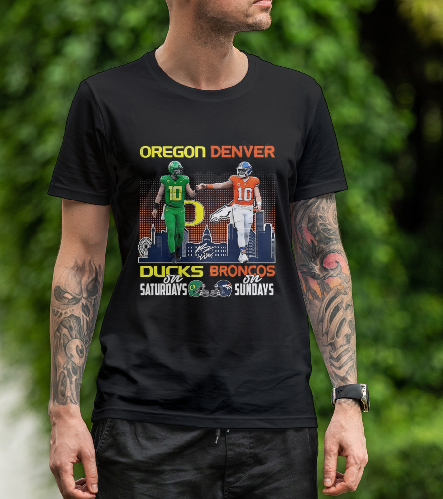 Oregon Ducks Saturdays Denver Broncos Sundays Bo Nix Signature Skyline T-Shirt