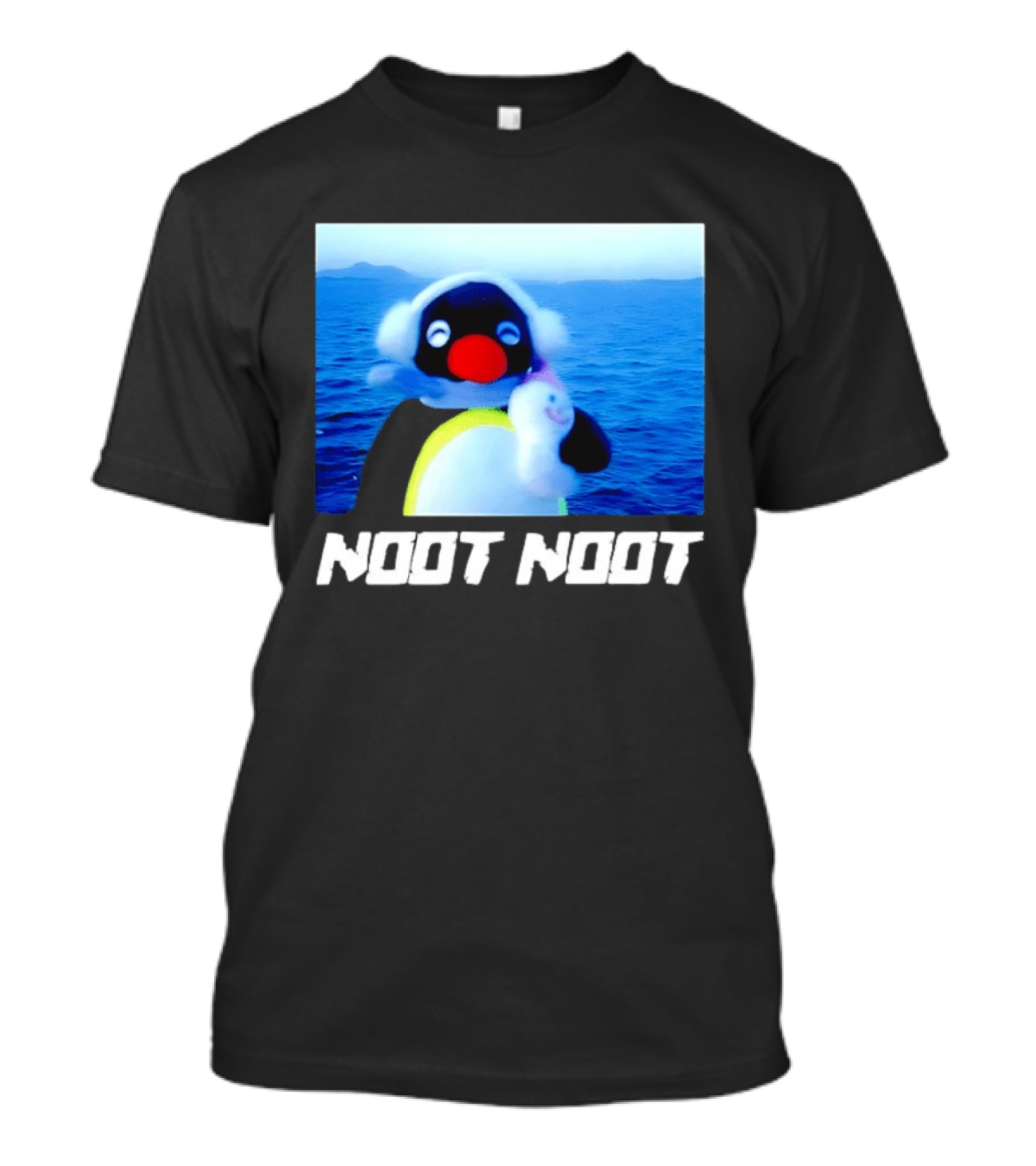 Noot Noot Penguin Holding Toy Ocean Background T-Shirt