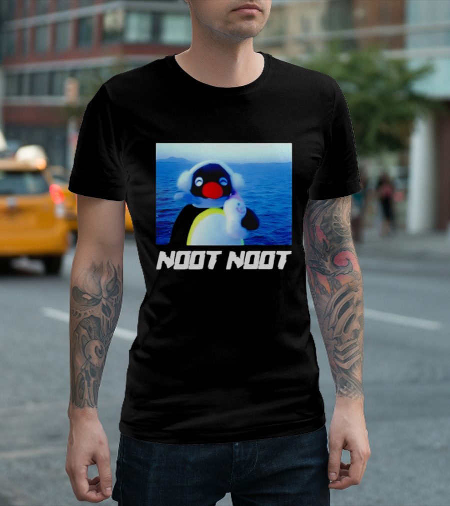 Noot Noot Penguin Holding Toy Ocean Background T-Shirt