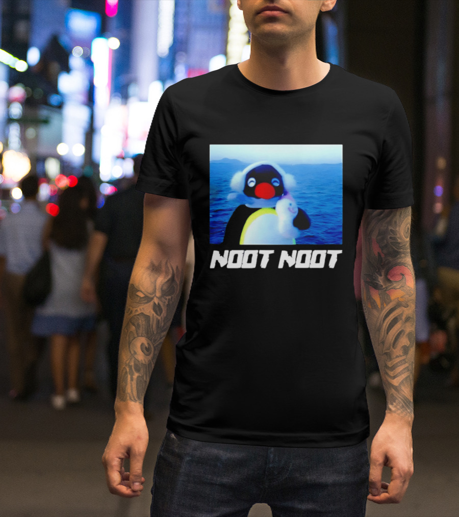 Noot Noot Penguin Holding Toy Ocean Background T-Shirt