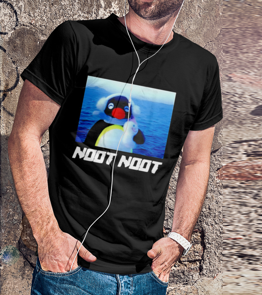 Noot Noot Penguin Holding Toy Ocean Background T-Shirt
