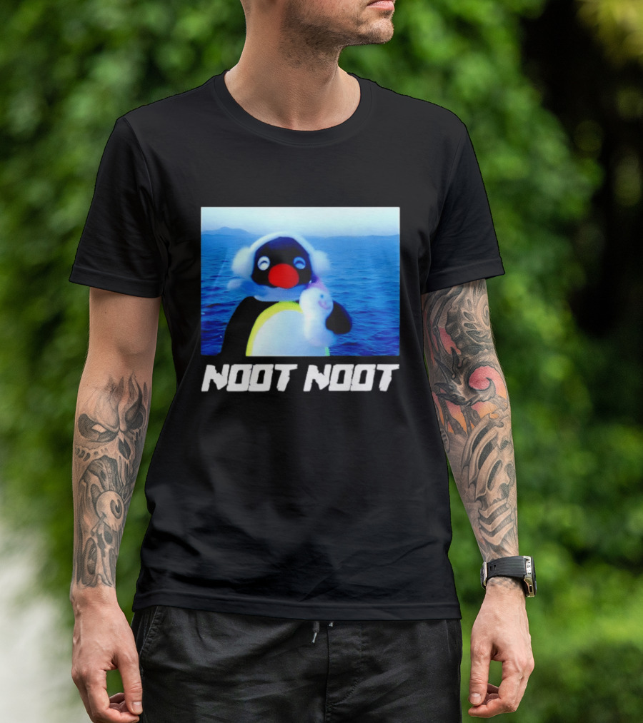 Noot Noot Penguin Holding Toy Ocean Background T-Shirt