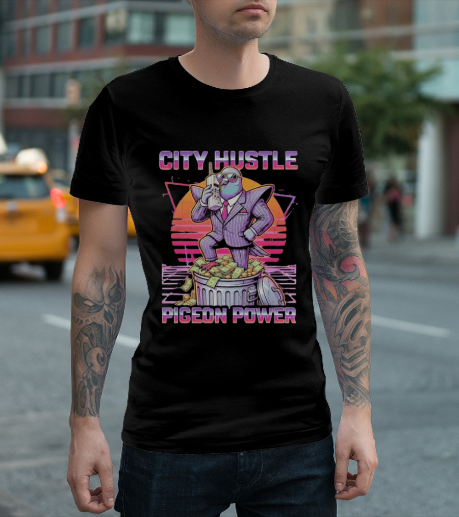 Pigeon Power City Hustle Funny Retro 80s Synthwave Suit Money Trash Can Telephone T-Shirt