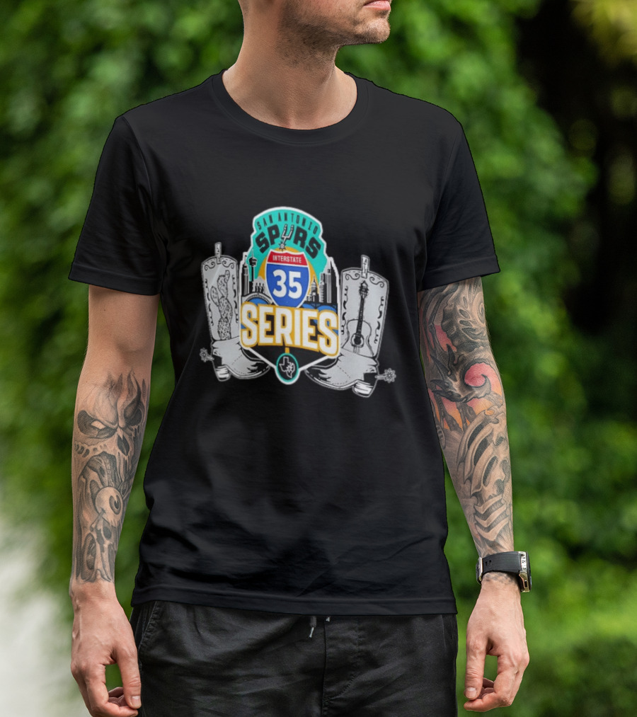 San Antonio Spurs Interstate 35 Series Cactus Guitar Boots Skyline T-Shirt